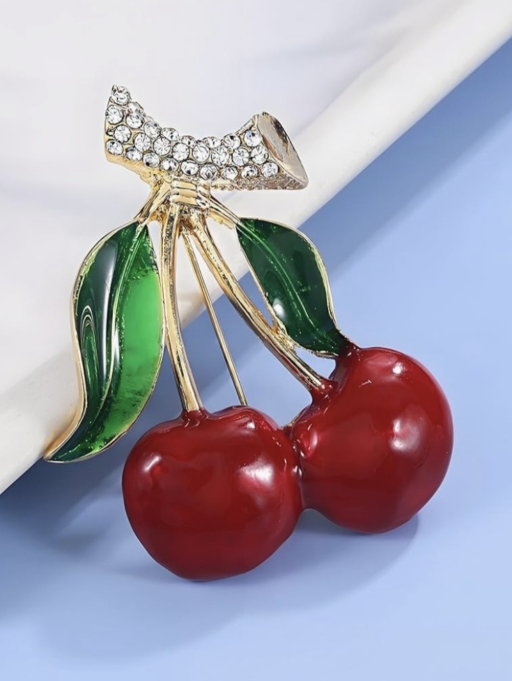 Red Cherry Brooch/Lapel Pin Enamel W/Rhinestones 1.5" - Picture 2 of 8